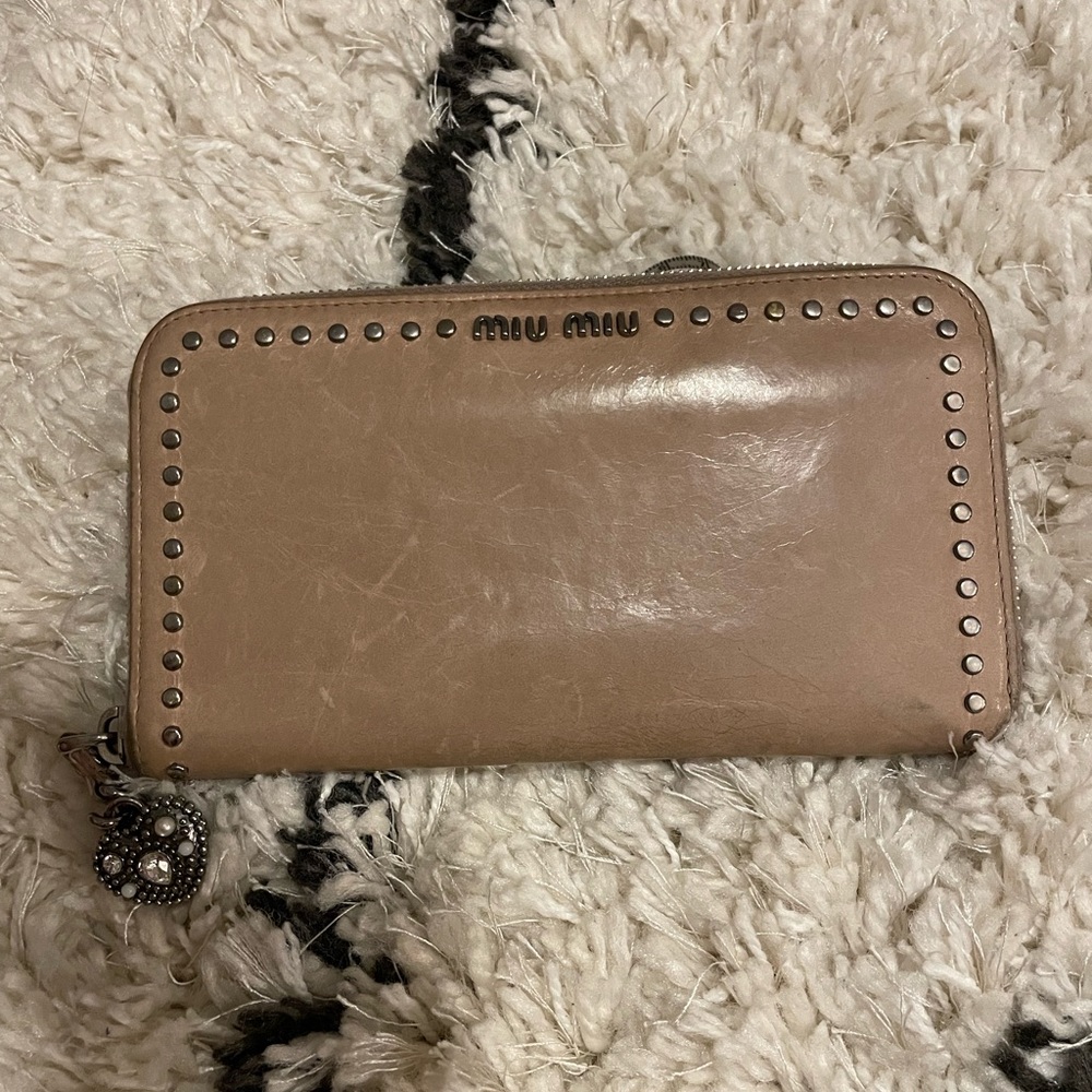 Miu Miu Light Medium Coffee Beige Studded Long Wallet w/3D Bejeweled Zipper Pull